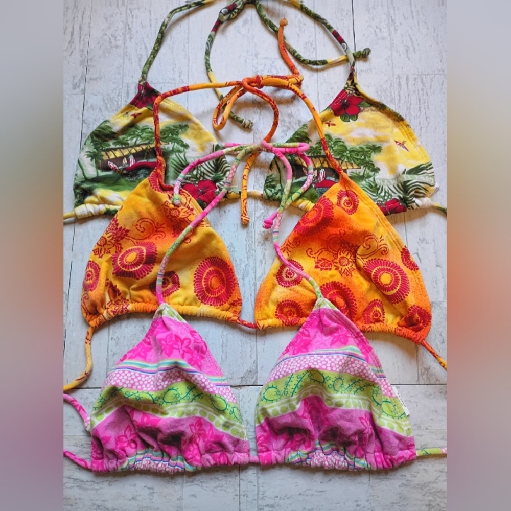 Set of 3 vintage Y2K triangle bikini tops pink, yellow-orange, and green tropica